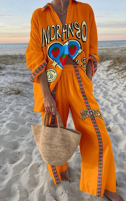 Casual Printed Two Piece Set Women Spring Summer New Fashion Comfort Holiday Button Long Sleeve Shirts And Wide Leg Pants 2 Sets