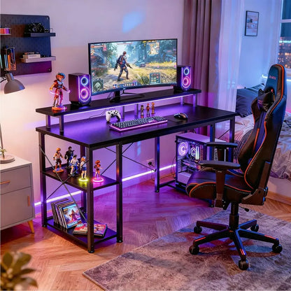 48 inch Gaming Desk with LED Lights amp Power Outlets, Computer Desk with Monitor Stand amp Storage Shelves, CPU Stand, Home Of - Kimlud
