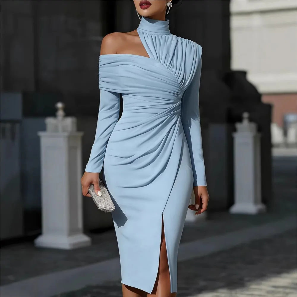Sexy Off-shoulder Half-high Collar Long-sleeved Women's Hip-covering Banquet Dress Fashion Pleated Slimel Egant Female SlitDress - Kimlud