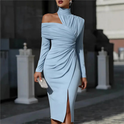 Sexy Off-shoulder Half-high Collar Long-sleeved Women's Hip-covering Banquet Dress Fashion Pleated Slimel Egant Female SlitDress - Kimlud