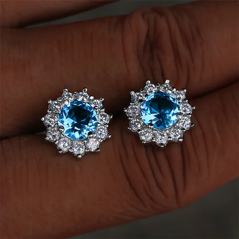 Cute Female Small Water Blue Round Earrings Crystal Stone Fashion Silver Color Wedding Jewelry For Women - Kimlud