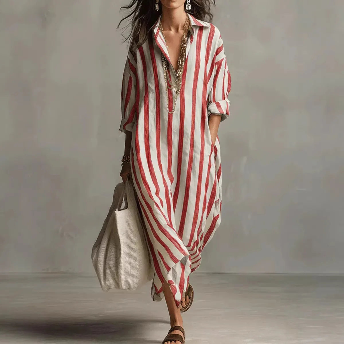 2026Spring Summer Casual Elegant Turn Down Collar Breathable Dress For Women Party Dress Boho Striped Printed Loose Beach - Kimlud
