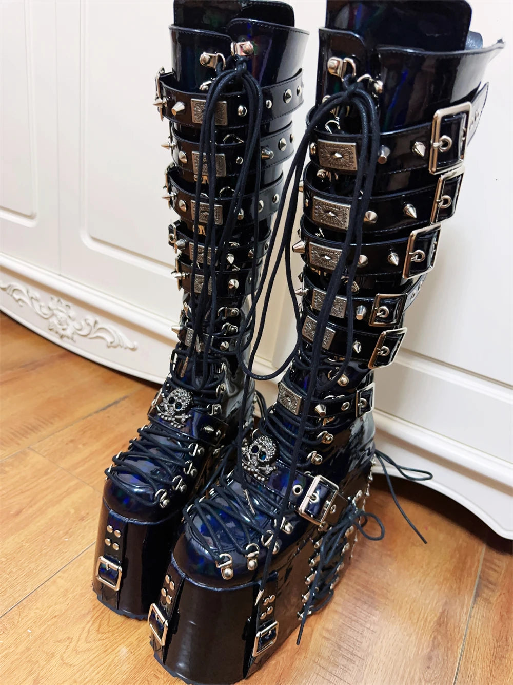 Colorful Black Belt Buckle Knee High Boots Women Round Toe Cross Tied Leather Metal Decoration Platform Boots Gothic Style Boots