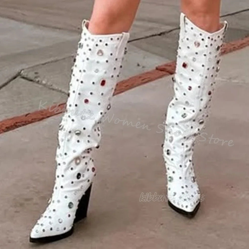 Bordered Rhinestone Knee High Boots Glossy Genuine Leather Cowboy Fashion Concise Sexy Elegant Women Shoes Pointy Chunky Heels