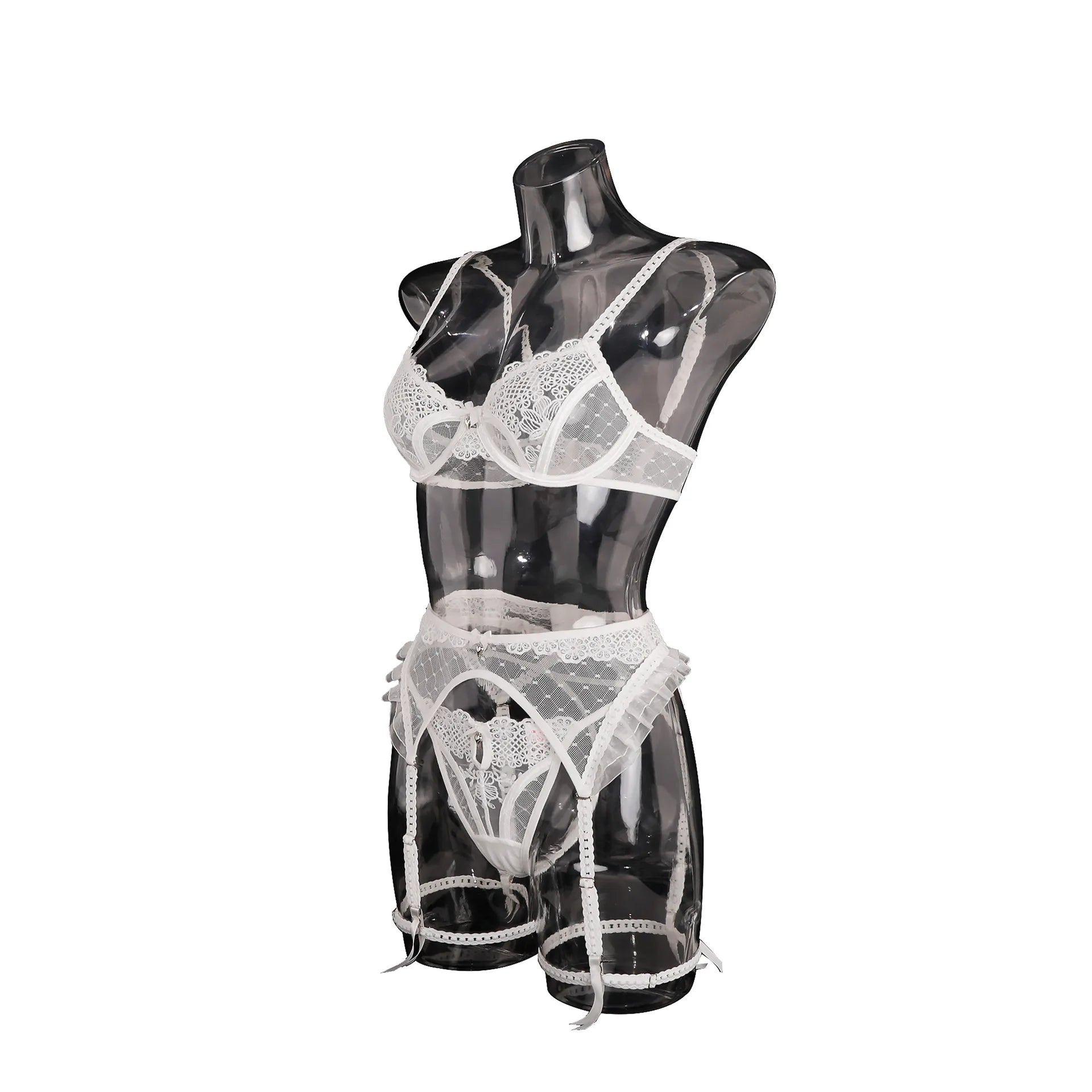 Ellolace Romantic Lingerie Sexy Women Beautiful Boudoir Bra Belt Thong 3PC Set Pure See Through Dot Embroidery Wedding Underwear