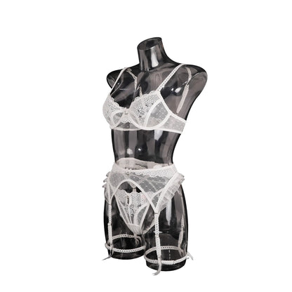 Ellolace Romantic Lingerie Sexy Women Beautiful Boudoir Bra Belt Thong 3PC Set Pure See Through Dot Embroidery Wedding Underwear