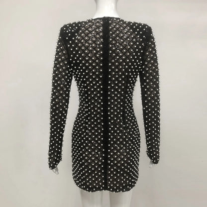 VC Pearl Sequins Hollow Out Short Dress For Women Sexy Long Sleeve Key Hole Bow Tie Diamond Beige Mini Evening Party Dress