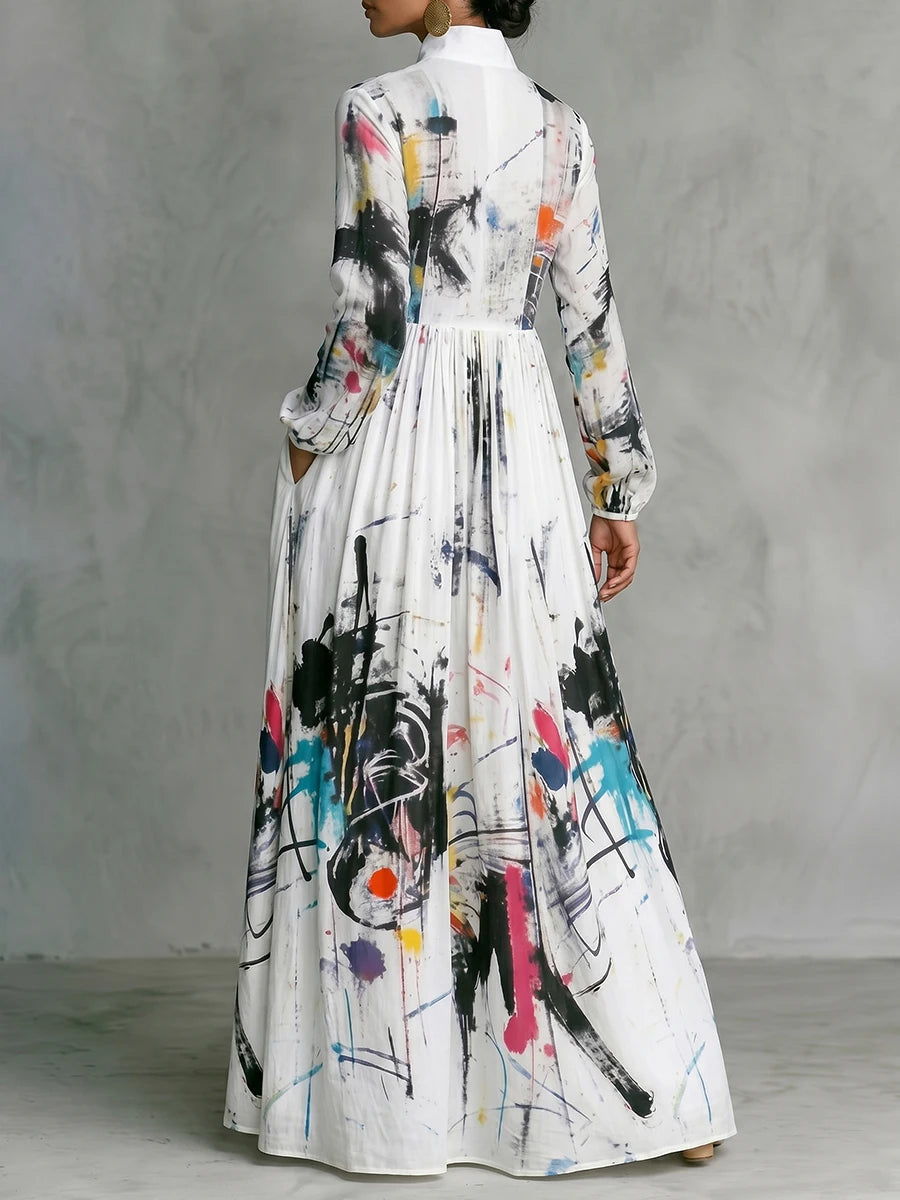 Freeacy Women Stand Collar Printed Shirt Maxi Dress Button Front Long Sleeve Pleated High Waist Flowy Floor Length...