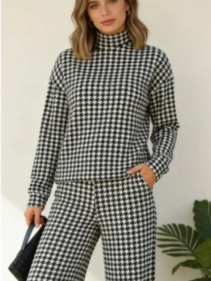 Houndstooth Half High Neck Top Pant Suit Women Color Blocking Full Sleeve Oversized Tops Leg Loose Pants Sets Lady Spring Set - Kimlud