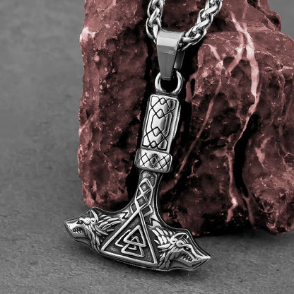 Vintage Viking Wolf Head Thor's Hammer Necklace Men Nordic Valknut Odin Symbol Pendant Necklace Fashion Stainless Steel Jewelry
