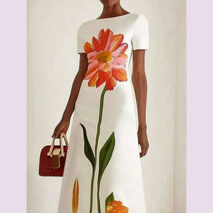 Gymystars 2025 Summer Latest Women's Fashion Flower Printed Dress Round Neck Trend Loose Elegant Party Evening Beach Dresses