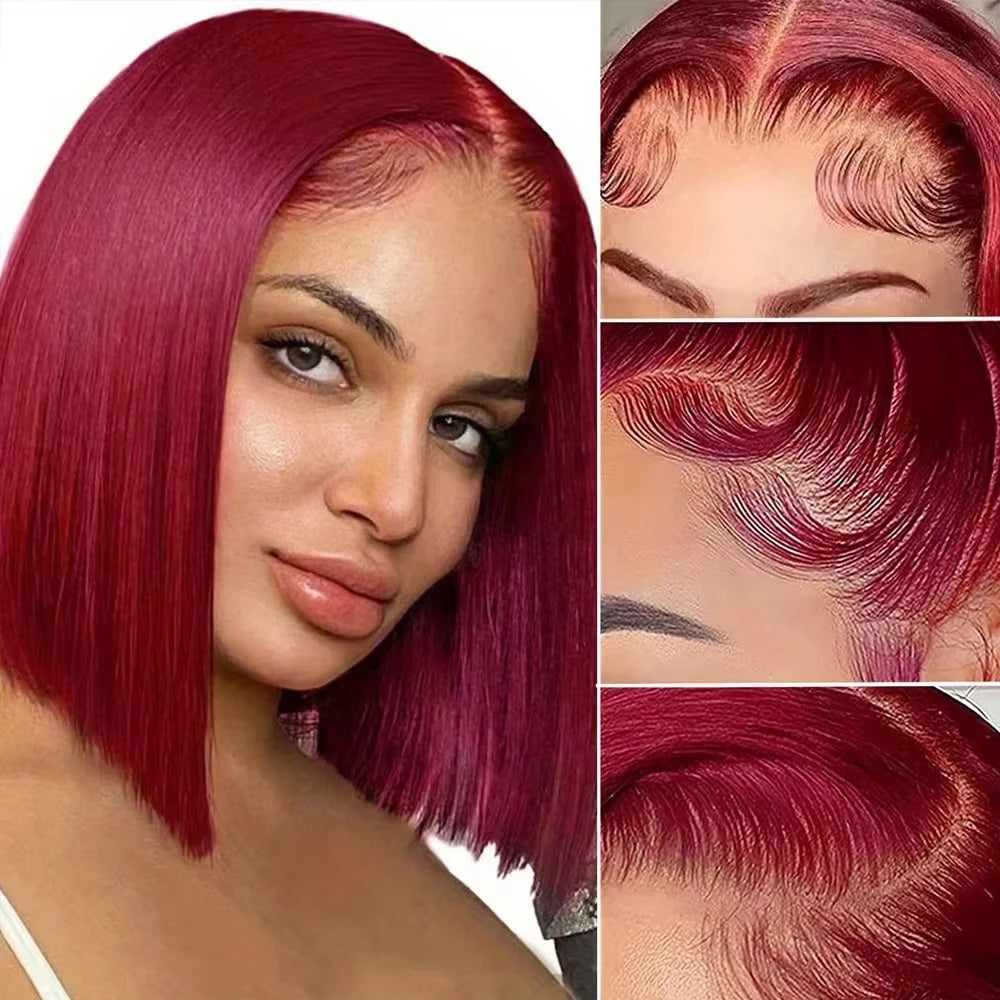 Classic 99J Colored Straight Hair Bob Wig 13x4 HD Transparent Lace 200 Density Preplucked Hairline Baby Hair 8-14 Inch Durable Hair For Ladies Dating Daily Wear