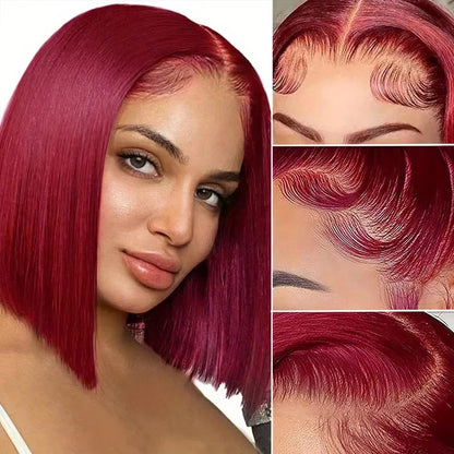 Classic 99J Colored Straight Hair Bob Wig 13x4 HD Transparent Lace 200 Density Preplucked Hairline Baby Hair 8-14 Inch Durable Hair For Ladies Dating Daily Wear