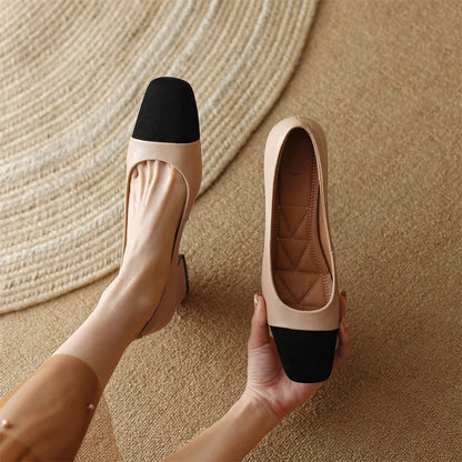 danxuefei plus size 34-42 women's genuine leather square toe slip-on pumps OL style elegant ladies 5cm thick low heel shoes sale - Kimlud
