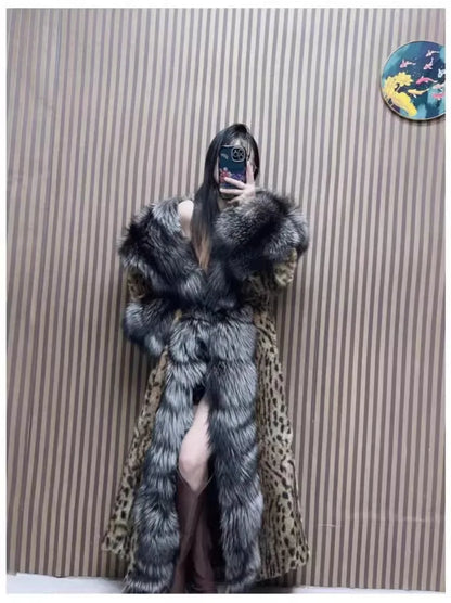 120cm Length Women's Genuine Rabbit Fur Coat Fox Fur Hooded Long Jacket Luxury Overcoats
