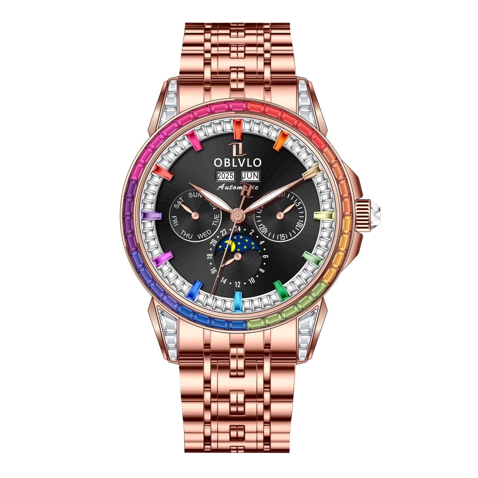 OBLVLO Men's Fashion Automatic Watch Colorful Zircon Moonphase Mechanical Multifunctional Black Leather Strap Timepiece...