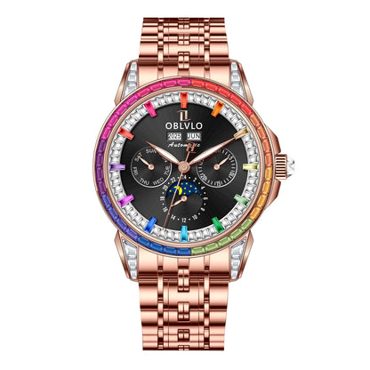 OBLVLO Men's Fashion Automatic Watch Colorful Zircon Moonphase Mechanical Multifunctional Black Leather Strap Timepiece...