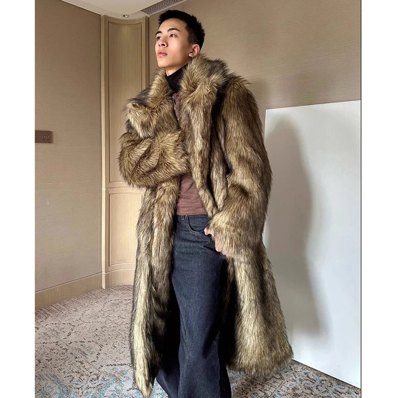 Men's fur coat, Wolf fur, fox fur, lapel long overcoat, winter windproof and warm windbreaker, large size
