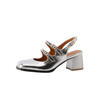 Plus Size 44 45 46 Black Silver Chunky High Heels Mary Jane Shoes Women Square Toe Double Buckle Pumps Slingback Ladies Sandals - Kimlud