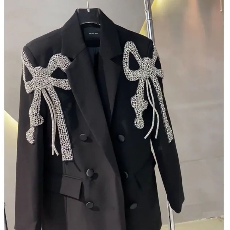 Women Bow Diamonds Beaded Black Blazer Coat Turn Down Collar Drilling Suits Jacket OL Crsytal Cardigan Crop Tops Chaqueta