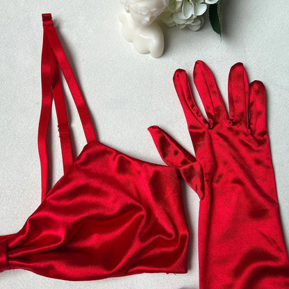 Ellolace Christmas Lingeries Sexy Hot Elegant Satin Bra Thong 2PC with Gloves Romantic Wedding Intimate Lingerie For Ladies