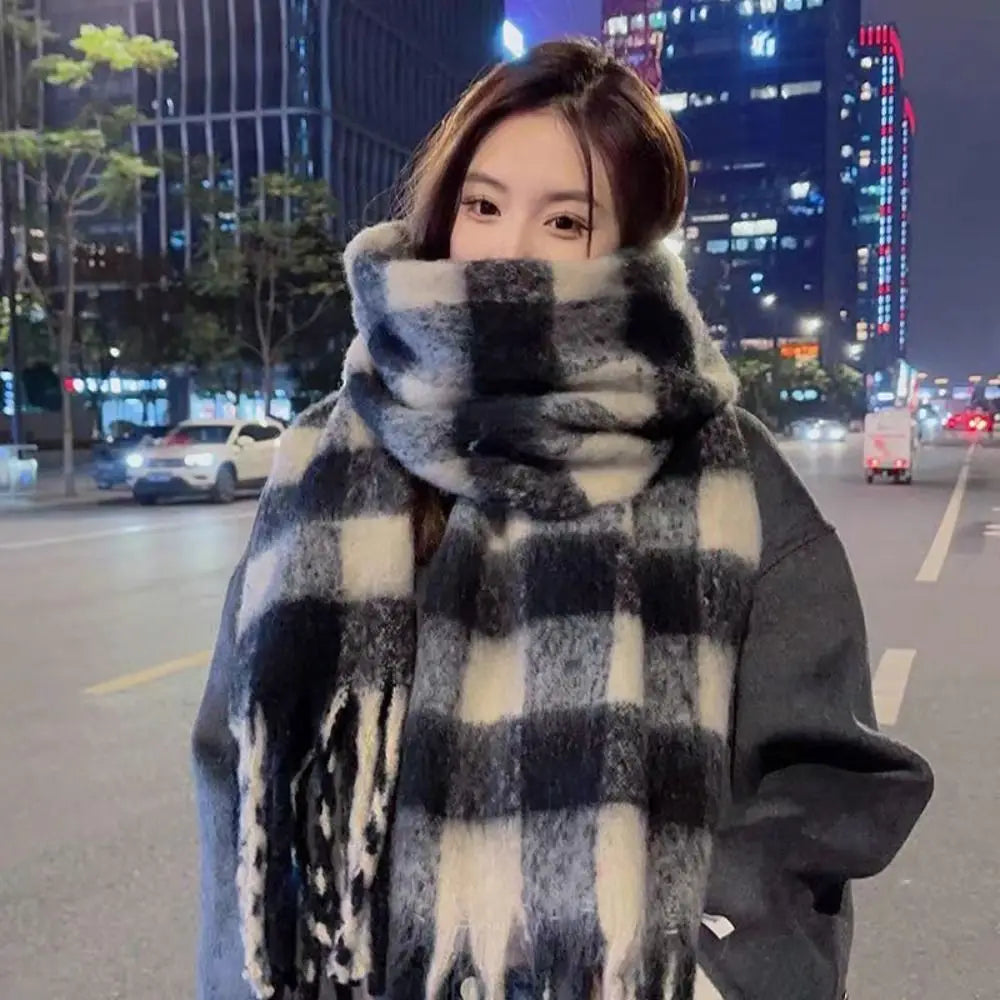 New Warm Winter Cashmere Scarf Stripe Pattern Mohair Long Tassel Scarves Plaid Soft Thickened Shawl Wrap Women | Kimlud...