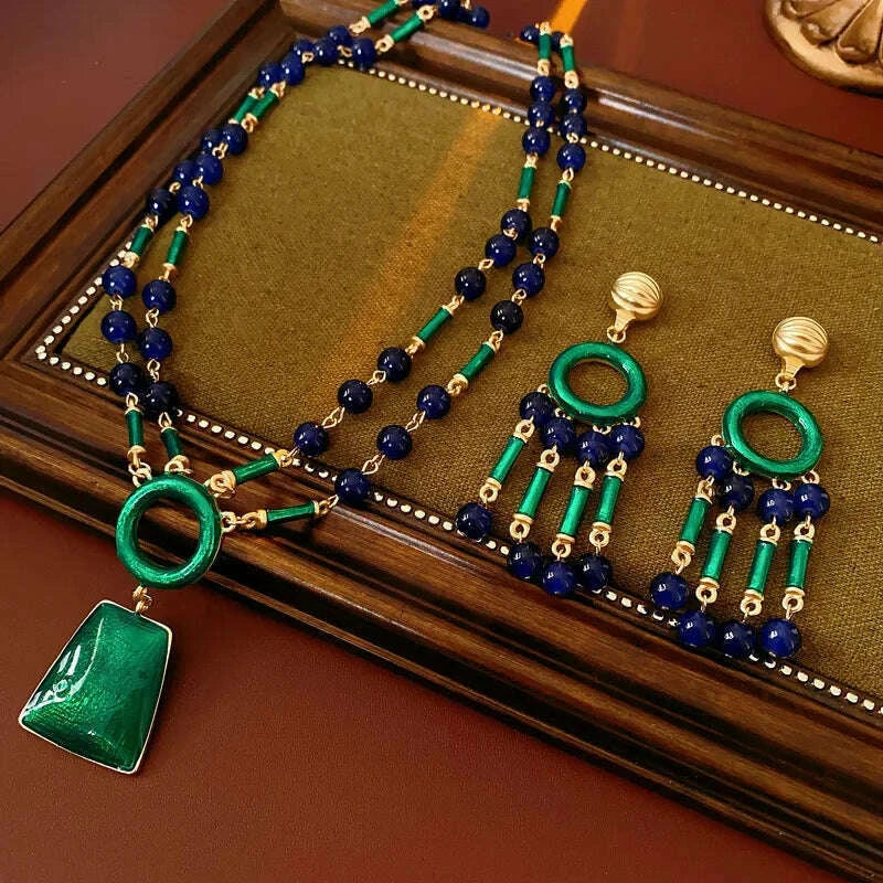 Three Pieces Vintage Drop Oil Jewelry Set Silver Needle Bamboo Knot Tassel Earrings Light Luxury Exaggerated Necklace Sets Women