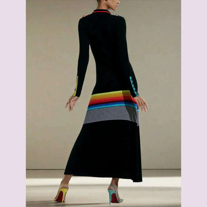 Freeacy Women's Colorful Striped Skinny Dress Lapel Neck Long Sleeves Single-breasted Ankle-Length Dress Autumn Women's Clothing