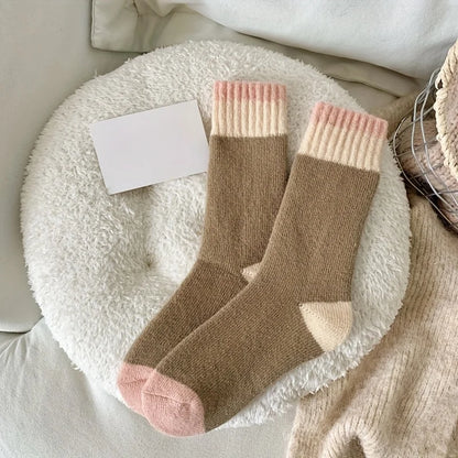 6Pcs (3 Pairs Mixed Colors) Thick Socks, One Size Fits All, Women's Autumn and Winter Mid-Calf Socks, Trendy Style, Winter High-Top Fleece-Lined Thickened Warm Solid Color Terry Long Socks - Kimlud