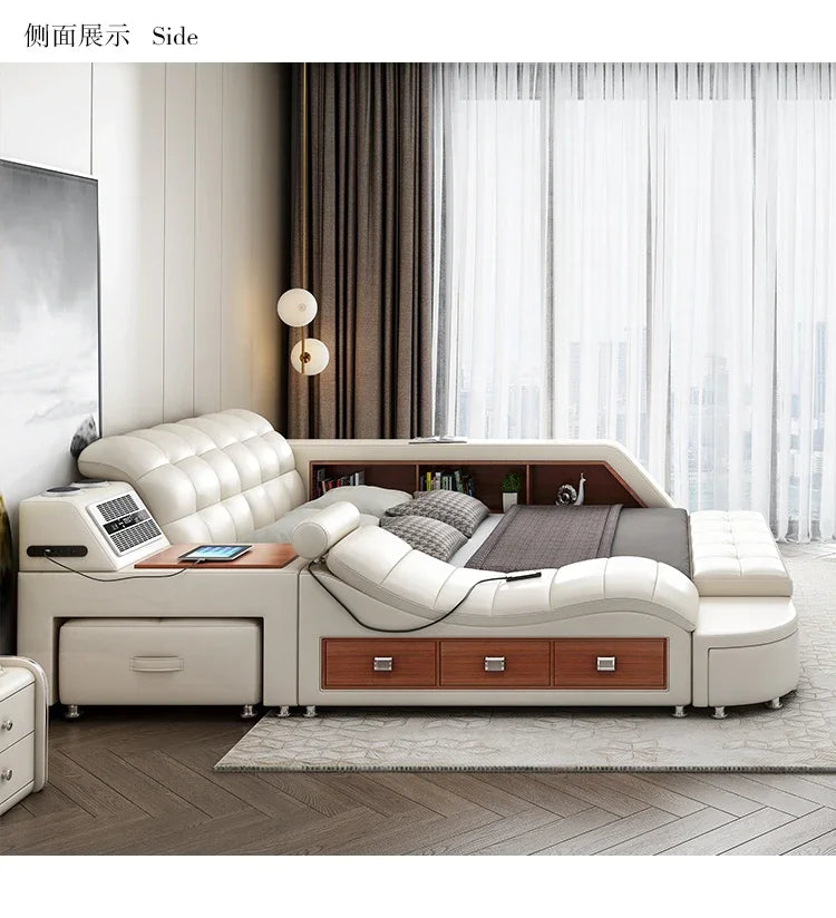 Genuine Leather Tech Smart  Multifunctional Beds Massage Modern Luxury Camas Upholstered With Bluetooth Speaker,Air Cleaner