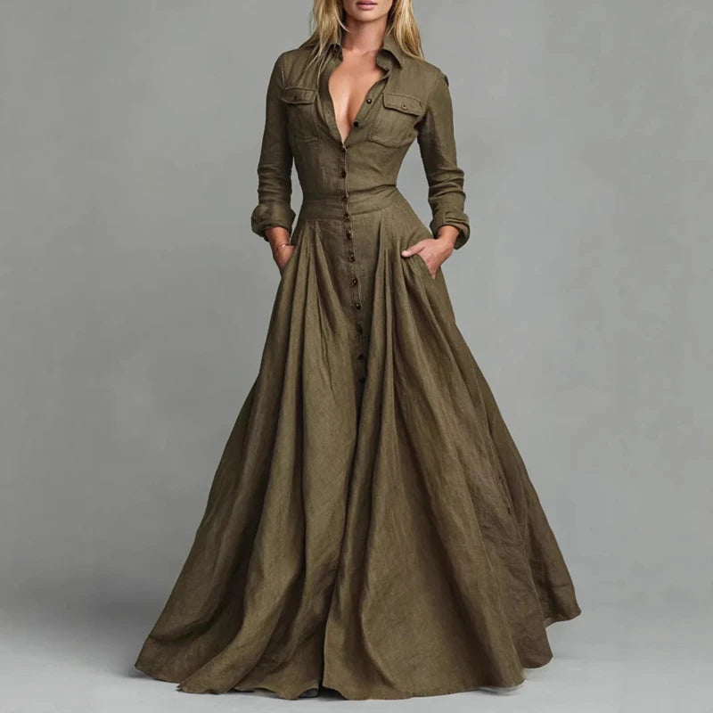 Casual Turn-down Collar Button Maxi Dress Woman Elegant Solid High Waist Swing Long Dresses Autumn Long Sleeve Pocket Boho Dress - Kimlud