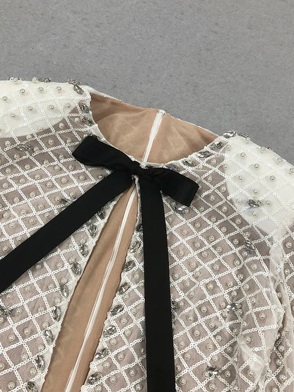 VC Pearl Sequins Hollow Out Short Dress For Women Sexy Long Sleeve Key Hole Bow Tie Diamond Beige Mini Evening Party Dress