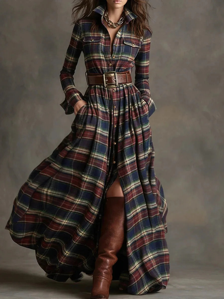 2025 Retro Plaid Print Slit Long Dresses Woman Elegant Turn-down Collar Button Maxi Dress Autumn Long Sleeve Pocket Boho Dress