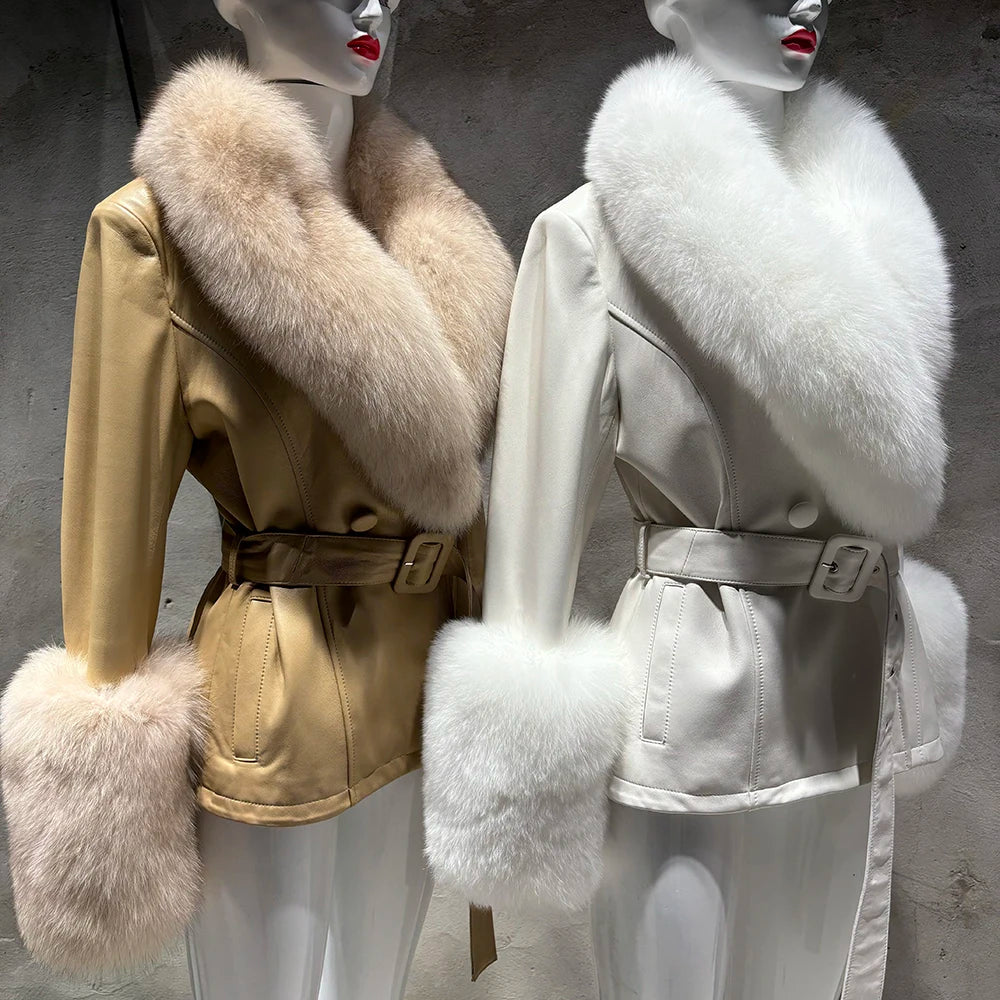 YOLOAgain Women's Real Fox Fur Collar Sheepskin Leather Jacket Coat Autumn 2024