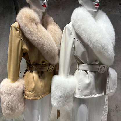 YOLOAgain Women's Real Fox Fur Collar Sheepskin Leather Jacket Coat Autumn 2024