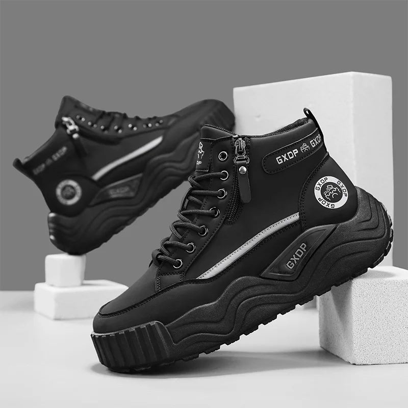Men's High Top Leather Sneakers Thick Soled for Height Increase Slip Resistant and Wear Resistant Versatile Casual Sports Shoes
