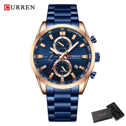 CURREN Quartz Chrono Sport Watch Brands for Men - Stainless Steel Bracelet and Multifunctional Dial