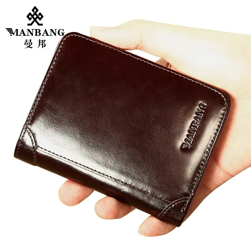 ManBang Luxury Men Wallet Genuine Cow Leather Male RFID Trifold Short Purse For Men with ID Window and Credit Card Holder