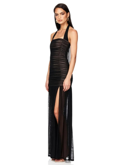 Sexy Halter Neck Mesh Patchwork Ruched Long Dress Women Black Sleeveless Backless Elegant Slim Runway Evening Party Club...