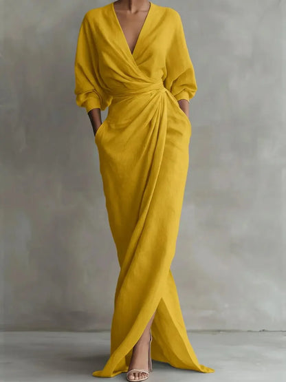Women's Sexy Neck Waist Wrapped Robe 2026 Spring Casual Solid Color Fit Tight Dress Elegant Long Sleeved Slit Super Long...