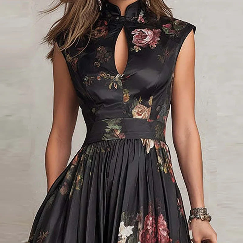 Summer Hot Sleeveless Hollow Evening Dress Woman Mandarin Collar High Waist Pleated Dress Spring Floral Print Satin Long Dresses - Kimlud