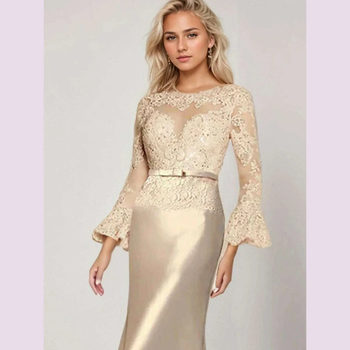 Elegant Sheath Wedding Guest Dress Scoop Neck Long Sleeve Satin Lace Beading Applique Sweep Train Prom Gown 2025 Free Customized