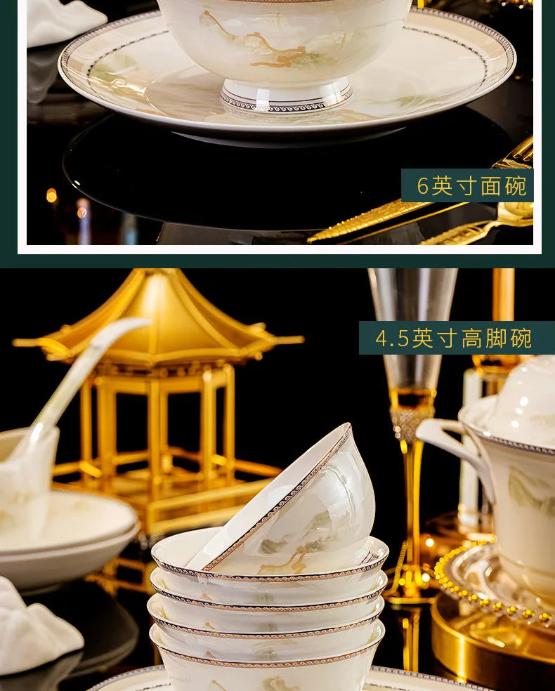 Jingdezhen dish set housewarming tableware set bowl and plate ceramic tableware set light luxury plate bowl | Kimlud...