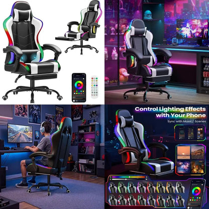 Ergonomic Gaming Chair with Footrest, Lumbar Massage, RGB Ivory, Adjustable Height & Swivel Seat