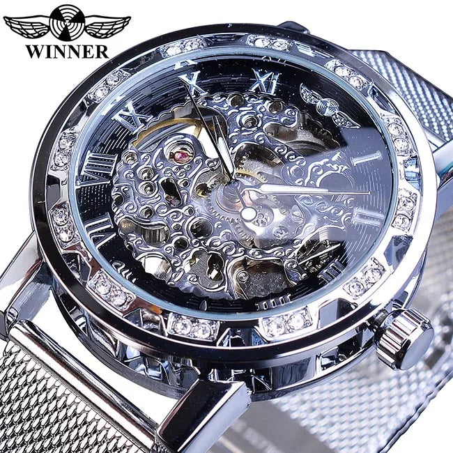Winner Casual Mechanical Watches For Men Golden Roman Fashion Stainless Steel Belt Mesh Strap Wristwatch Clock Relogio Masculino