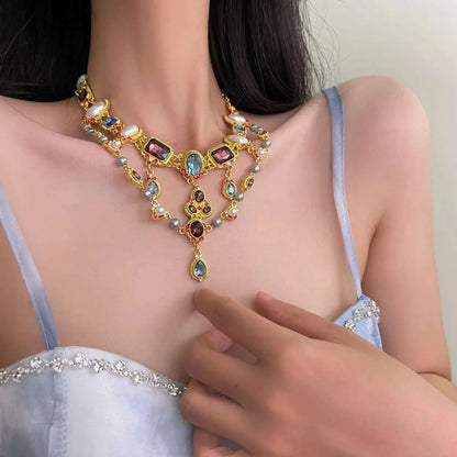 Crystal Inlaid Pearl Droplet Earrings Retro Design Collarbone Chain Fashion Temperament Jewelry Wholesale