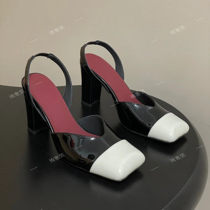 2026 Spring New Genuine Leather Thick Heel Patchwork Slingback Sandals Blank With Temperament Commuting Shoes Pumps - Kimlud