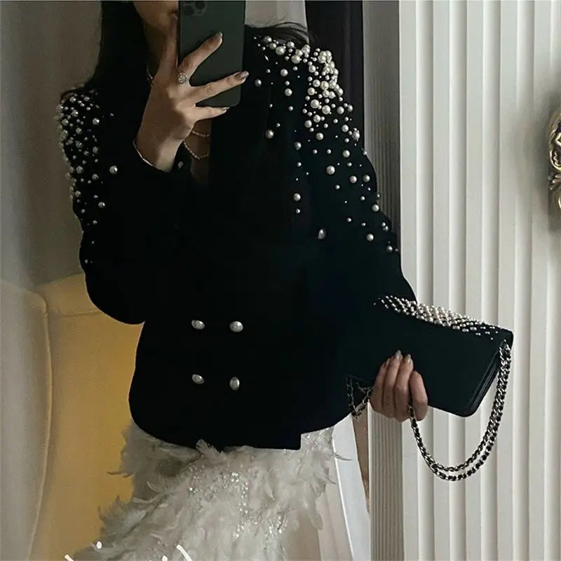 Y2k Beading Double Breasted Woolen Coat Women Slim Fit Long Sleeve Black Tops Mujer 2025 Spring Autumn New Jackets