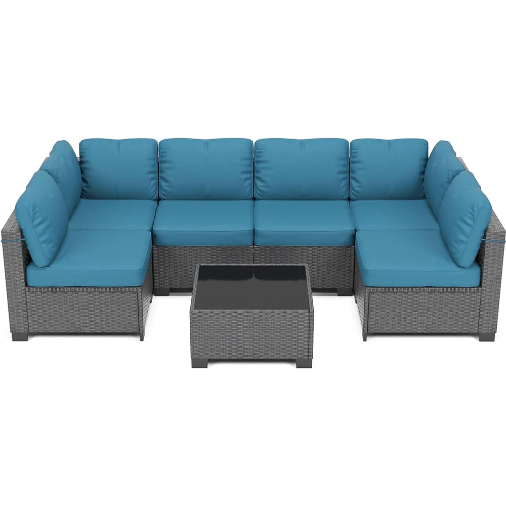 7-Piece PE Rattan Sectional Patio Set, Wicker Outdoor Sofa With Cushions & Glass Coffee Table, Conversation Furniture For Garden - Kimlud