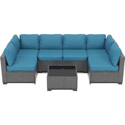 7-Piece PE Rattan Sectional Patio Set, Wicker Outdoor Sofa With Cushions & Glass Coffee Table, Conversation Furniture For Garden - Kimlud